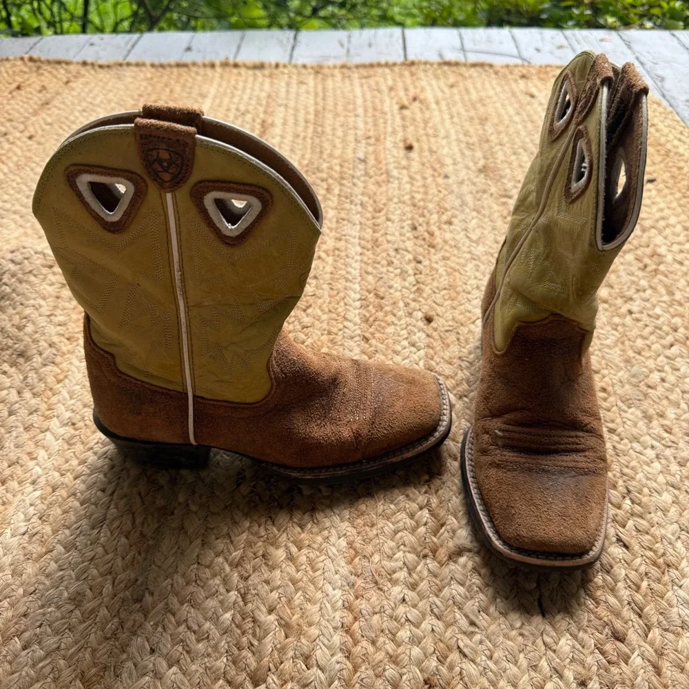 Ariat Kids Brown Roughout Lime Green Western Cowboy Boots Size 1.5 Country